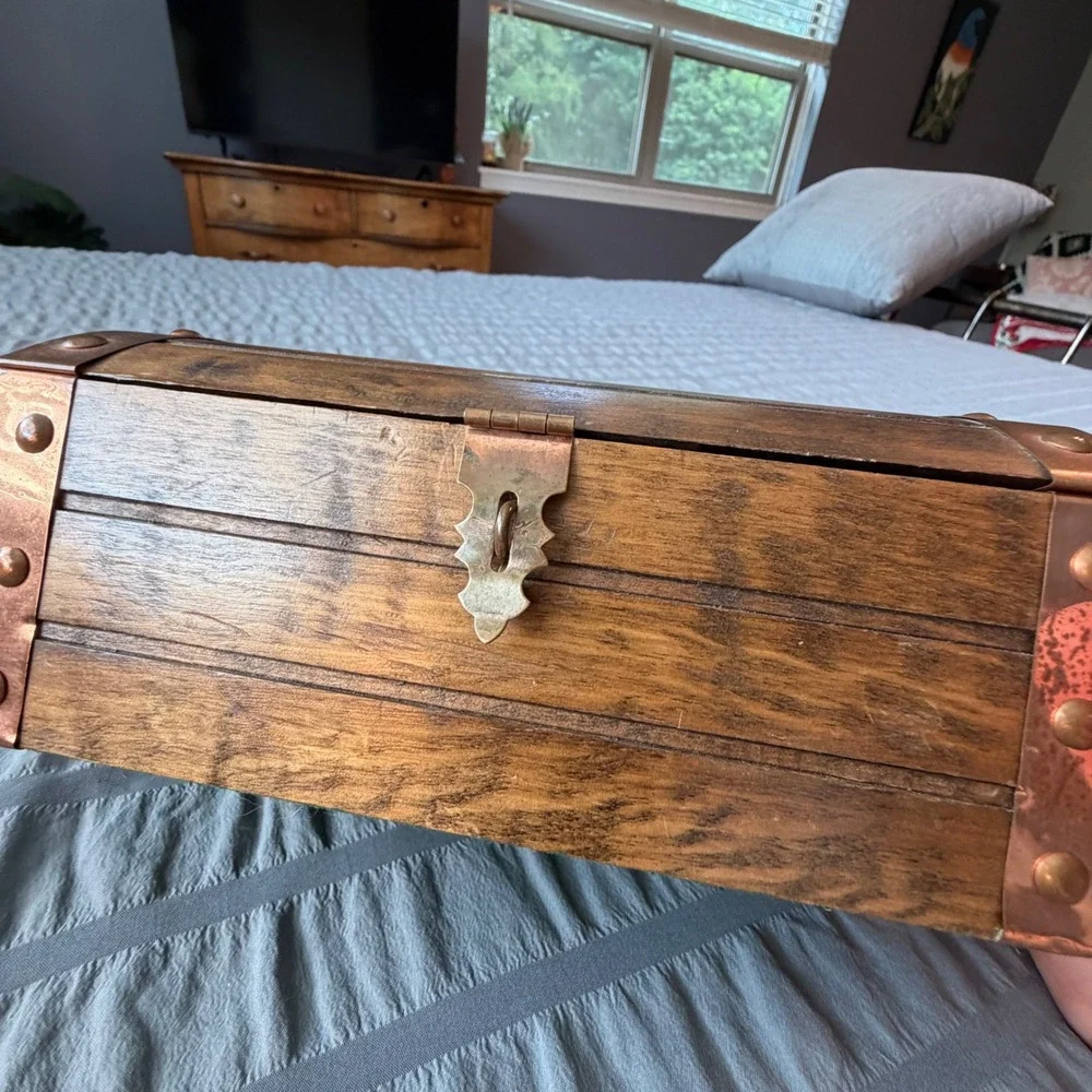 Vintage Wooden Treasure Chest Jewelry Box Burgundy Velvet Lining Copper Trim